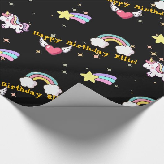 黒かわいい虹の一角星の魔法 ラッピングペーパー (角)