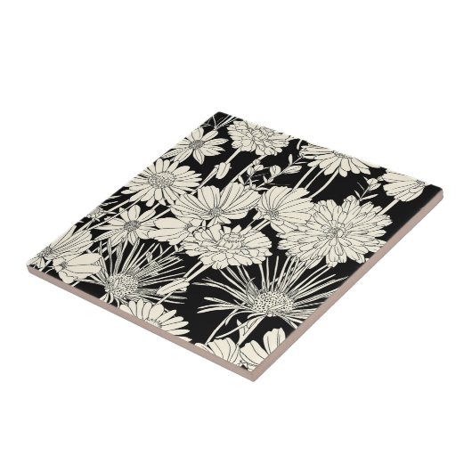 黒かわいらしい背景に白い花 タイル (側面)