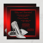 黒かわいらしと赤のグリッターハイヒール誕生日 招待状 (正面/裏面)