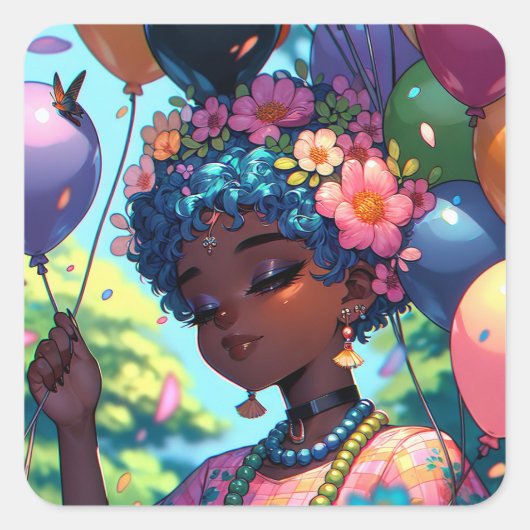 黒かわいらしアニメ女子誕生日 スクエアシール (正面)