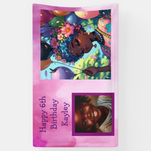 黒かわいらしアニメ女子誕生日 横断幕 (縦)