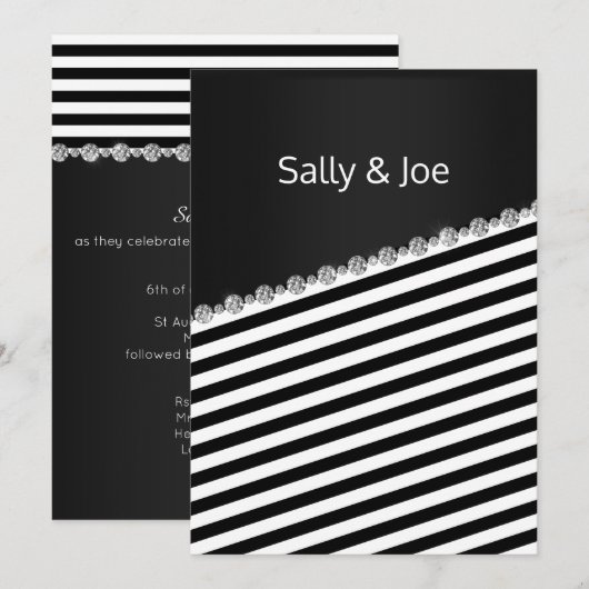 黒かわいらしストライプ結婚ズグレー 招待状 (正面/裏面)