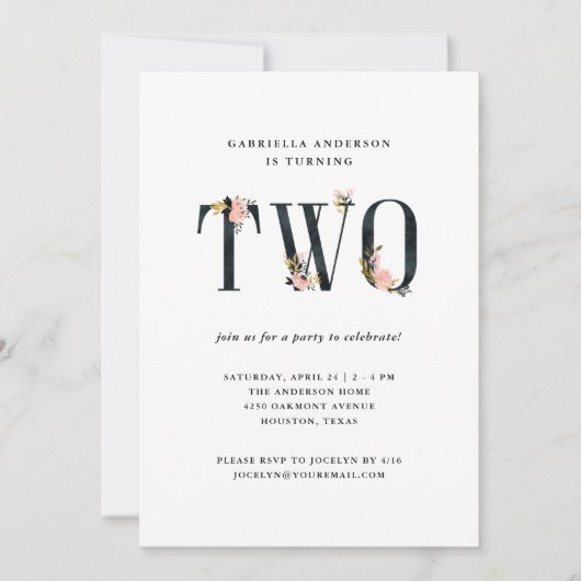 黒かわいらしフローラ文字 | 2回目の誕生日パーティー 招待状 (正面)