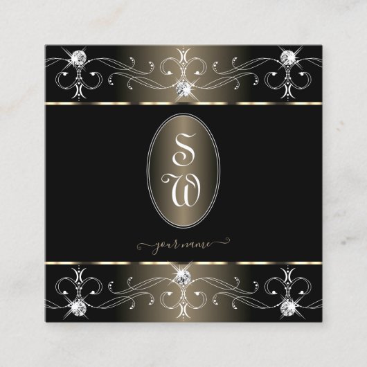 黒かわいらしプラチナ華美オーナメントイニシャル スクエア名刺 (正面)