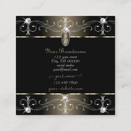 黒かわいらしプラチナ華美オーナメントイニシャル スクエア名刺 (裏面)