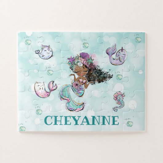 黒かわいらし人魚、アフリカ系アメリカ人人人魚 ジグソーパズル (横)