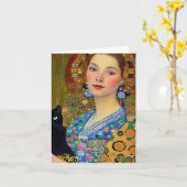 黒かわいらし猫の女性 カード (黄色い花)