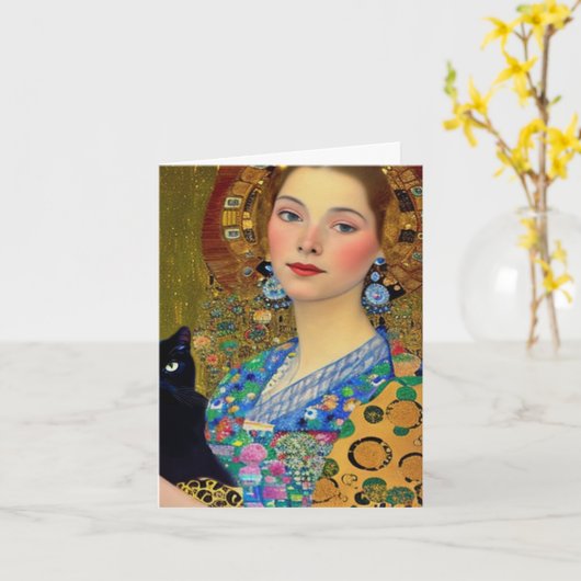 黒かわいらし猫の女性 カード (黄色い花)