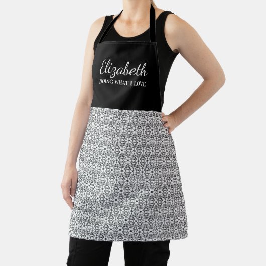 黒かわいらし白の花柄の名前エプロン エプロン (インサイチュ)