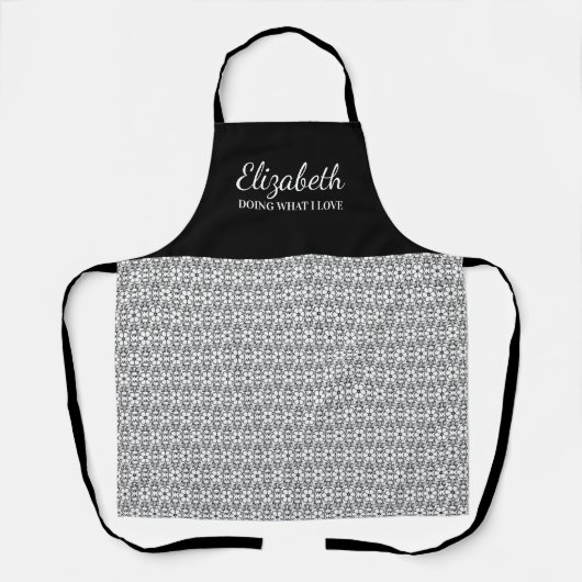 黒かわいらし白の花柄の名前エプロン エプロン (正面)