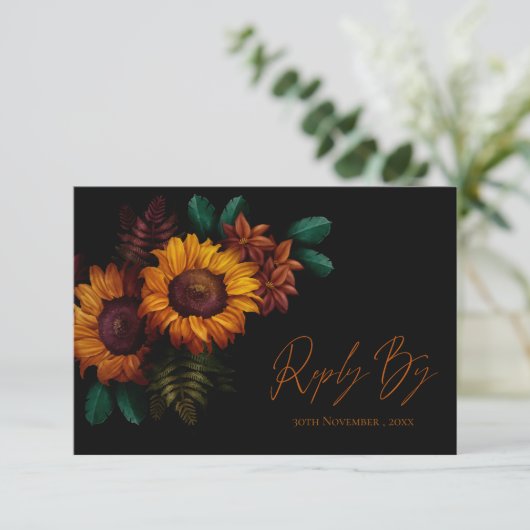 黒かわいらし素朴焦したオレンジ色のフローラ結婚の 出欠カード (スタンド正面)