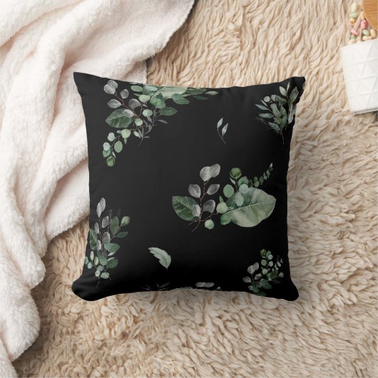 黒かわいらし緑植物性プリント枕 クッション (ブランケット)