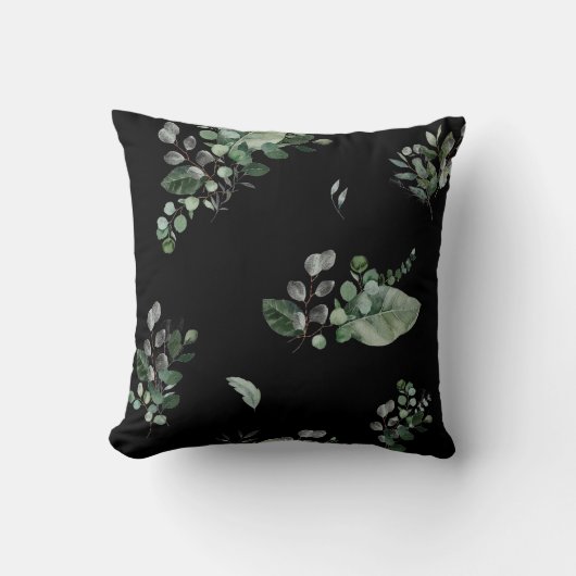 黒かわいらし緑植物性プリント枕 クッション (正面)