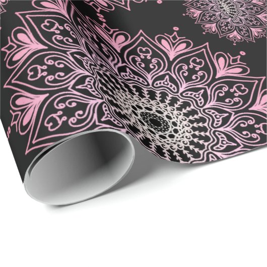 黒かわいらし色のピンクの曼荼羅 | ラッピングペーパー (ロールコーナー)