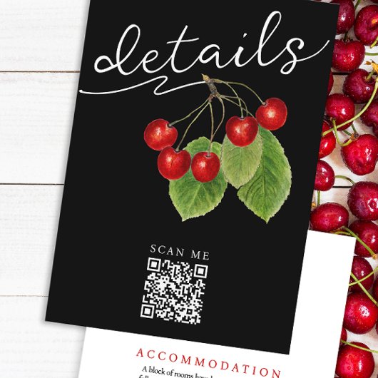 黒かわいらし赤さくらんぼQRコードの結婚詳細 エンクロージャーカード