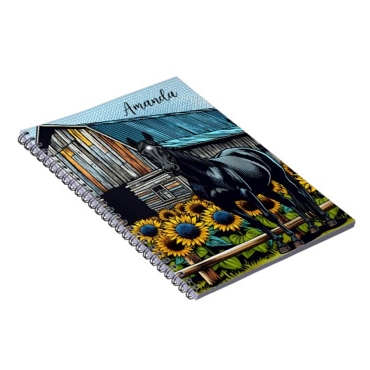 黒かわいらし馬とひまわりパーソナライズされた ノートブック (右側)