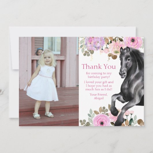 黒かわいらし馬とピンクの花フォト誕生日 サンキューカード (正面)
