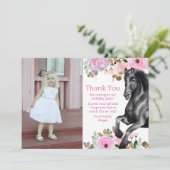 黒かわいらし馬とピンクの花フォト誕生日 サンキューカード (スタンド正面)