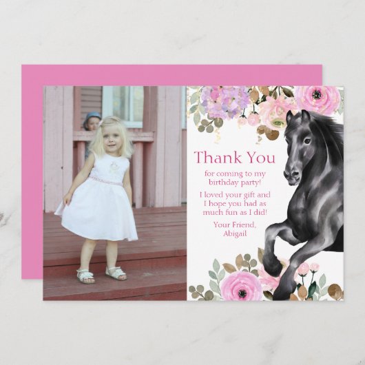 黒かわいらし馬とピンクの花フォト誕生日 サンキューカード (正面/裏面)