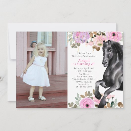 黒かわいらし馬とピンクの花フォト誕生日 招待状 (正面)