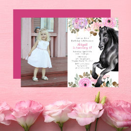 黒かわいらし馬とピンクの花フォト誕生日 招待状