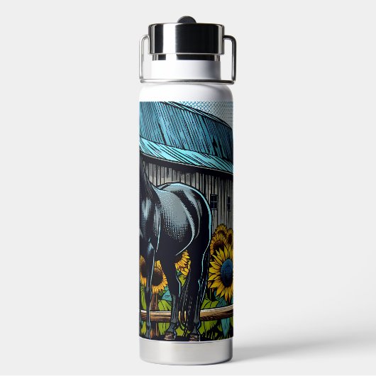 黒かわいらし馬と素朴ヒマワリ付き納屋 ウォーターボトル (背面)