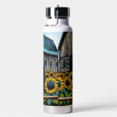 黒かわいらし馬と素朴ヒマワリ付き納屋 ウォーターボトル (右面)