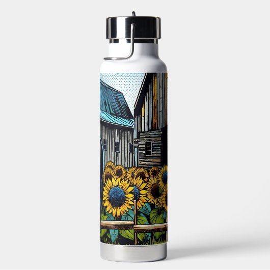 黒かわいらし馬と素朴ヒマワリ付き納屋 ウォーターボトル (右面)