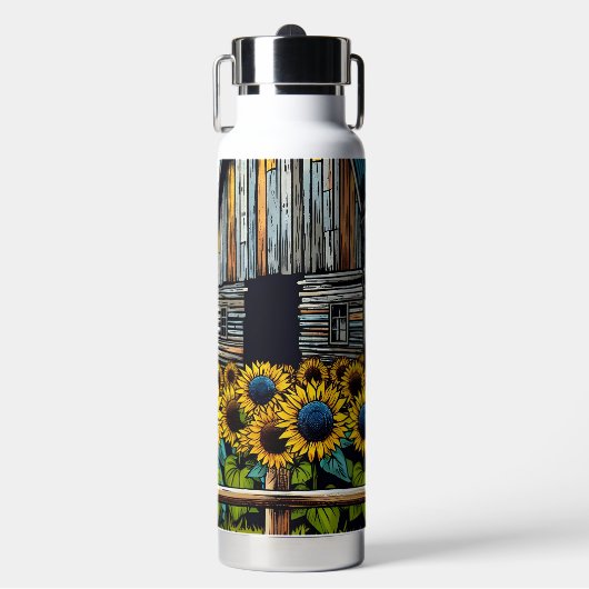 黒かわいらし馬と素朴ヒマワリ付き納屋 ウォーターボトル (正面)