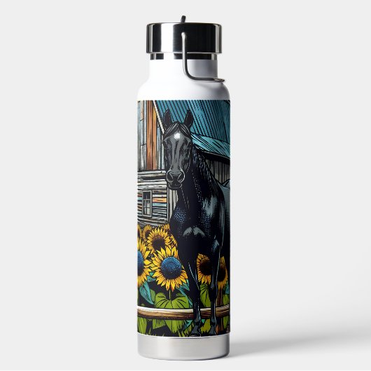 黒かわいらし馬と素朴ヒマワリ付き納屋 ウォーターボトル (左面)