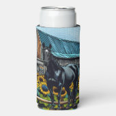 黒かわいらし馬と素朴ヒマワリ付き納屋 スリム缶クーラー (Seltzer正面)