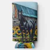 黒かわいらし馬と素朴ヒマワリ付き納屋 スリム缶クーラー (裏面)