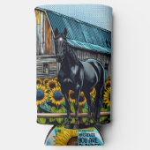 黒かわいらし馬と素朴ヒマワリ付き納屋 スリム缶クーラー (正面)