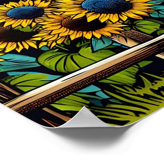 黒かわいらし馬と素朴ヒマワリ付き納屋 ポスター (角)