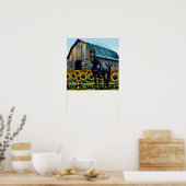 黒かわいらし馬と素朴ヒマワリ付き納屋 ポスター (キッチン)