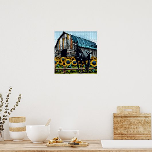 黒かわいらし馬と素朴ヒマワリ付き納屋 ポスター (キッチン)