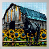 黒かわいらし馬と素朴ヒマワリ付き納屋 ポスター (正面)