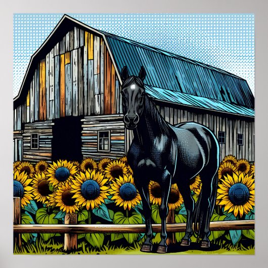 黒かわいらし馬と素朴ヒマワリ付き納屋 ポスター (正面)