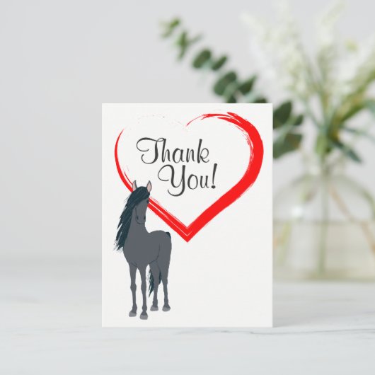 黒かわいらし馬と赤いハートありがとう ポストカード (スタンド正面)