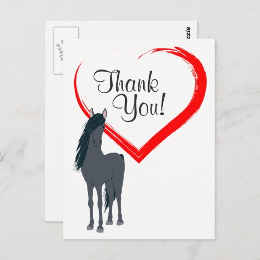 黒かわいらし馬と赤いハートありがとう ポストカード (正面/裏面)