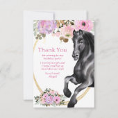 黒かわいらし馬ピンクの花誕生日 サンキューカード (正面)