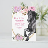 黒かわいらし馬ピンクの花誕生日 サンキューカード (スタンド正面)