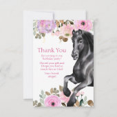 黒かわいらし馬ピンクの花誕生日 サンキューカード (正面)