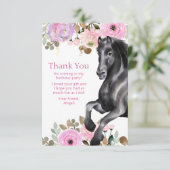 黒かわいらし馬ピンクの花誕生日 サンキューカード (スタンド正面)
