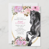 黒かわいらし馬ピンクの花誕生日 招待状 (正面)
