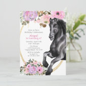 黒かわいらし馬ピンクの花誕生日 招待状 (スタンド正面)