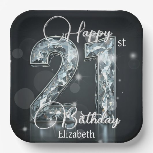 黒きらめくい21歳の誕生日にダイヤモンドの番号 ペーパープレート (正面)