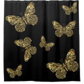 黒きらめくのシャワーカーテンで金ゴールド蝶 シャワーカーテン (正面)