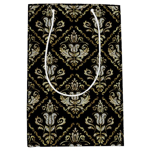 黒きらめく色のダマスク模様 ミディアムペーパーバッグ (正面)