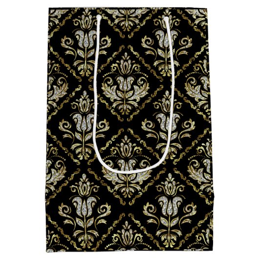 黒きらめく色のダマスク模様 ミディアムペーパーバッグ (裏面)